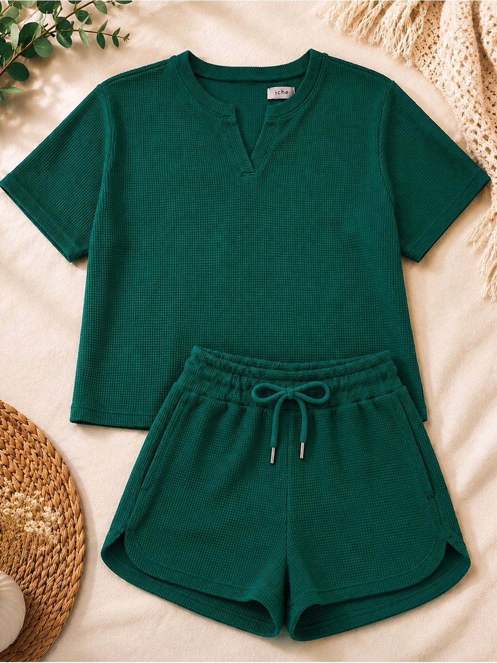 Teal Green Waffle Knit Short 2 pc Set